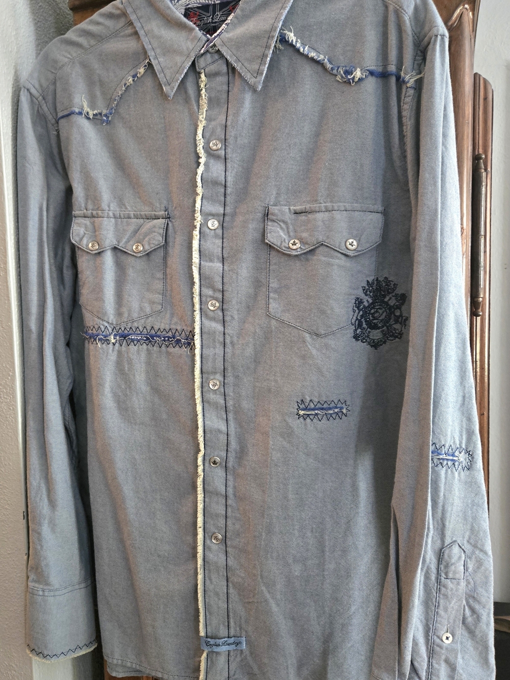 Men's English Laundry Embellished Distressed Snap Front Shirt XL